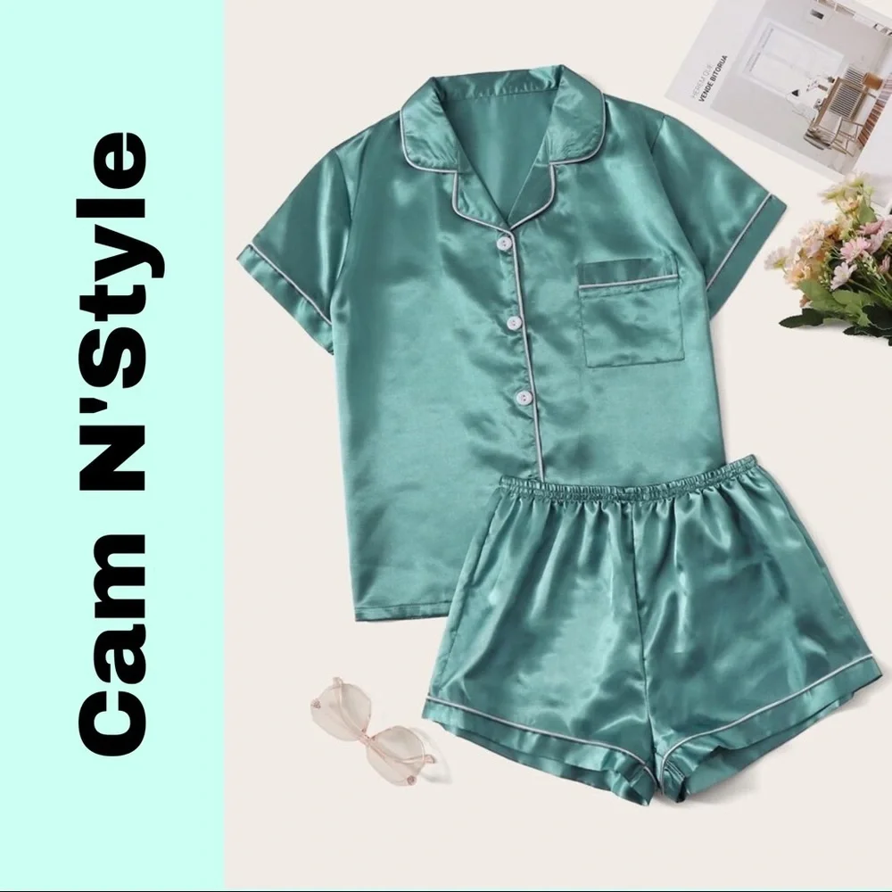 New Teal Satin Silk-Like Pajama Set - Picture 1 of 4